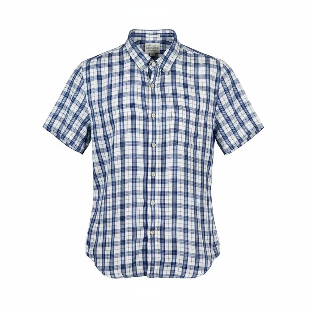 Lucky Brand Mens Blue White Plaid 100% Linen Short Sleeve Button Up Shirt Size M
